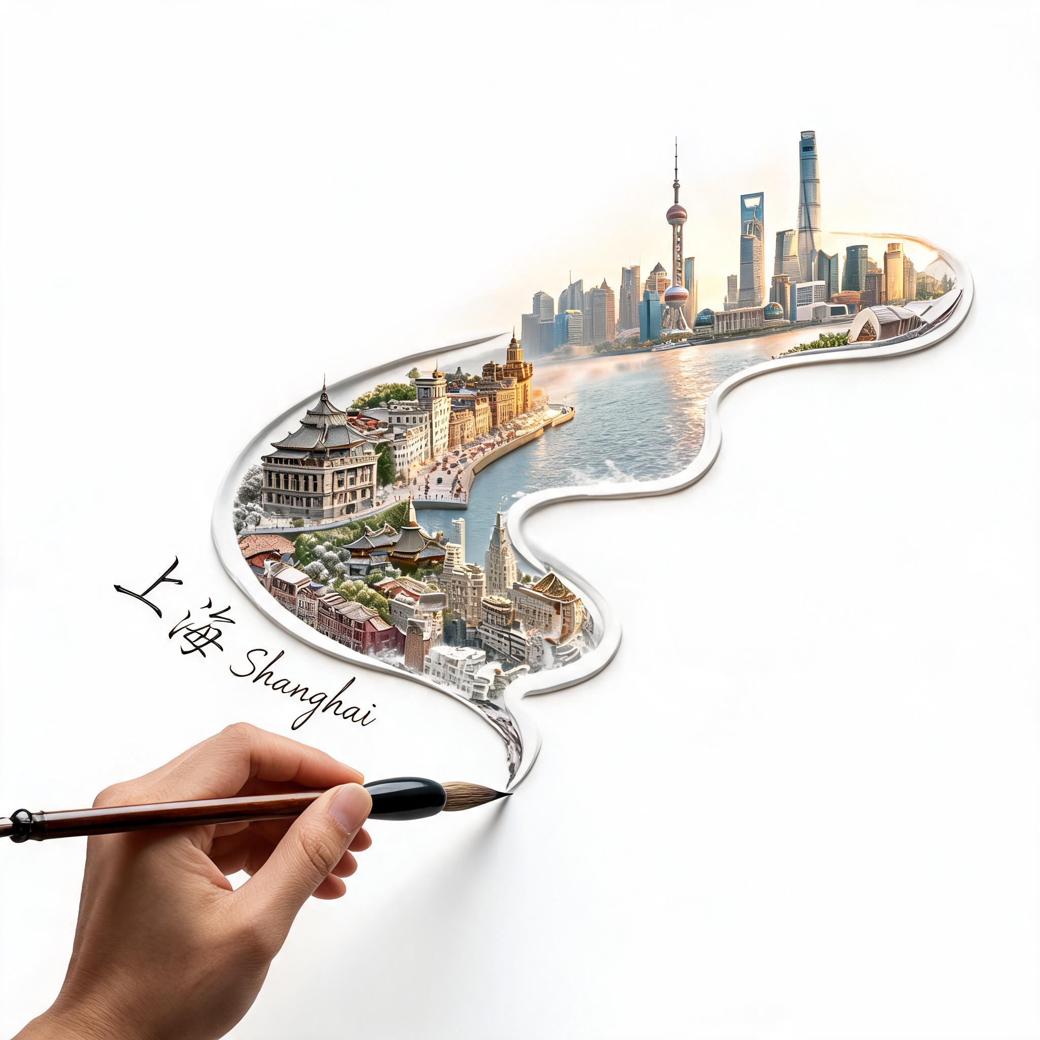 AI生成 - 毛笔绘上海地标